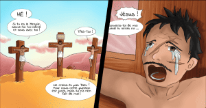 Jésus et les deux malfaiteurs crucifiés en bande dessinée