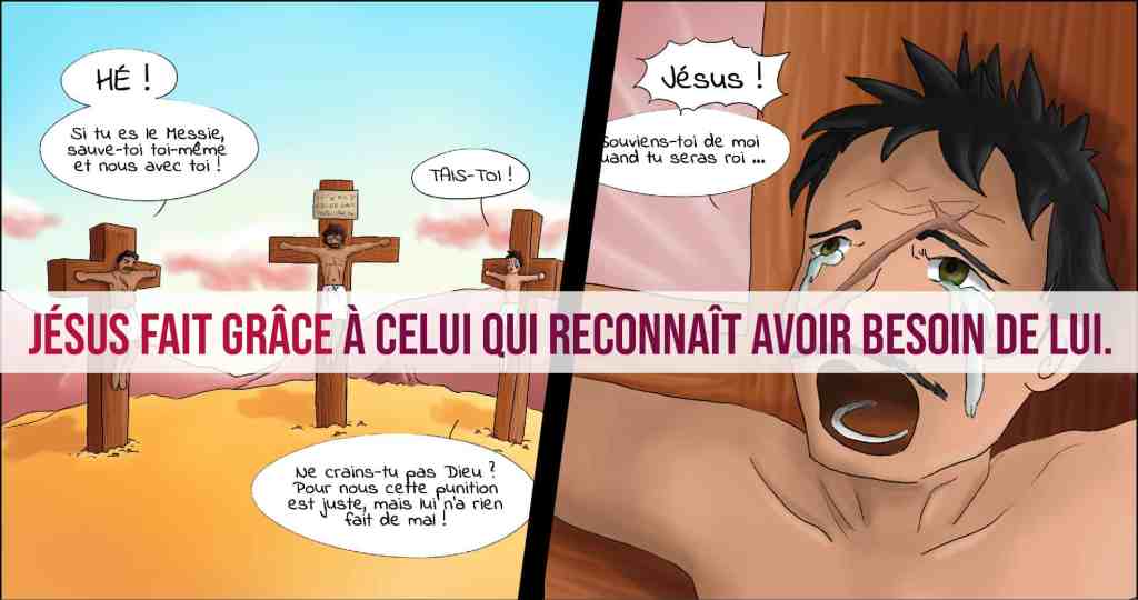 Jésus et les deux malfaiteurs crucifiés en bande dessinée